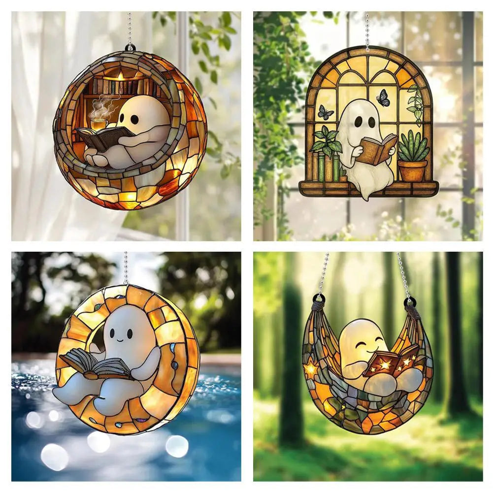 Halloween Ghost Reading Book Acrylic Suncatcher Hanging Decor Halloween Suncatcher Qme