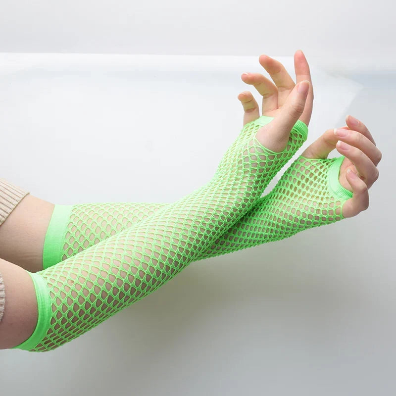Women's Long Fishnet Fingerless Gloves – Punk Party Style Fishnet Fingerless Gloves Qme light green