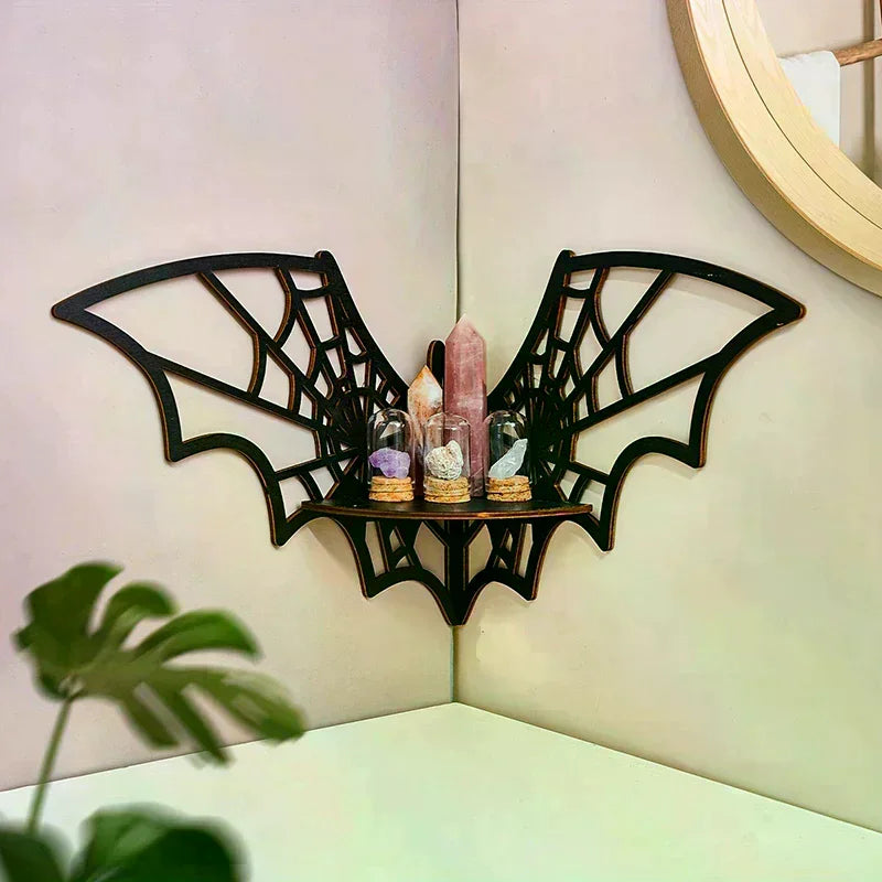 Bat Corner Shelf – Wooden Floating Gothic Wall Display Floating Wall Shelf Qme