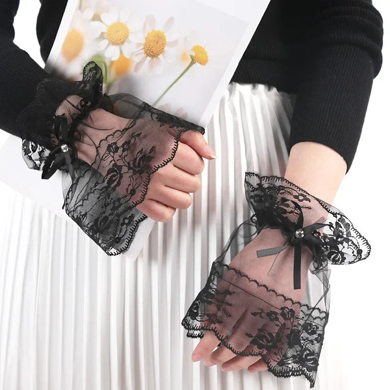 Women's Gothic Lace Mesh Horn Cuff Gloves – Ruffled Detachable Lace Arm Warmers Qme