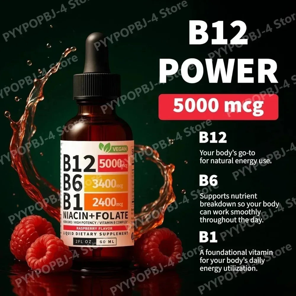 Vitamin B12 B6 B1 Liquid Drops 60ml – Vegan B Complex, 40 Servings Liquid Vitamin Supplement Qst