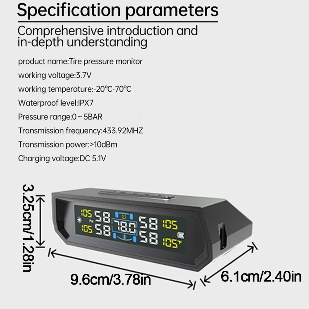 Solar USB TPMS LCD Tire Pressure Monitor – IPX7, 4-Wheel Tire Pressure Monitor Qme