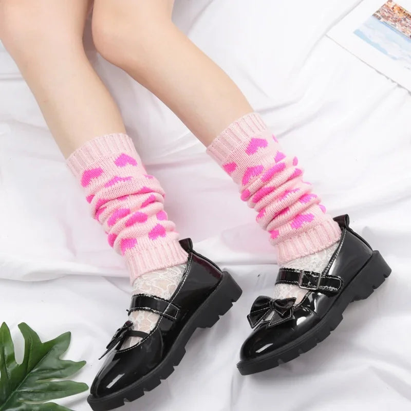 Y2K Lolita Heart Knit Leg Warmers – Women's Knee Warmers Knit Leg Warmers Qme Pink Length-33cm
