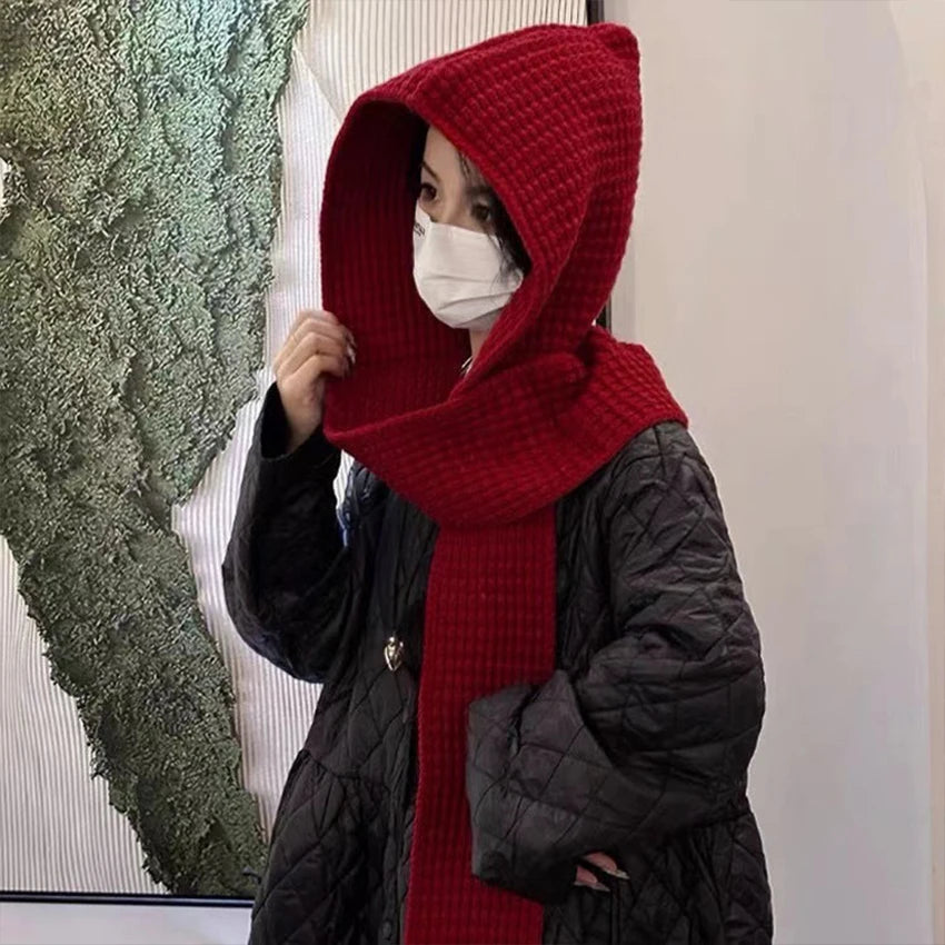 Knitted Hooded Scarf – Warm Windproof Winter Hat Scarf Unisex Hooded Knit Scarf Qst