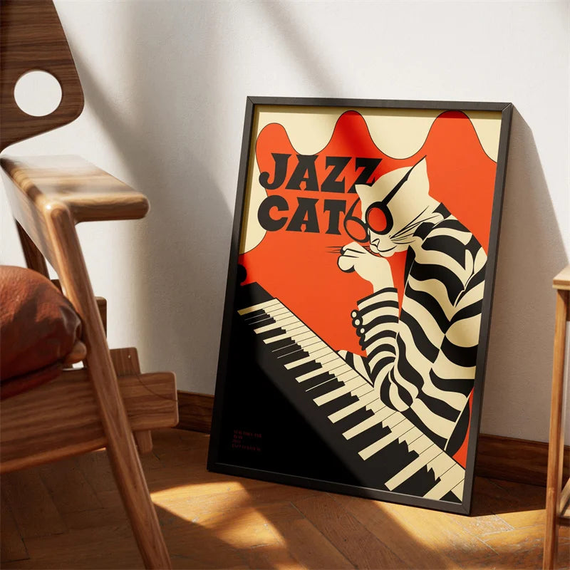 Vintage Jazz Black Cat Canvas Wall Art – Retro Music Poster Canvas Wall Art Qst