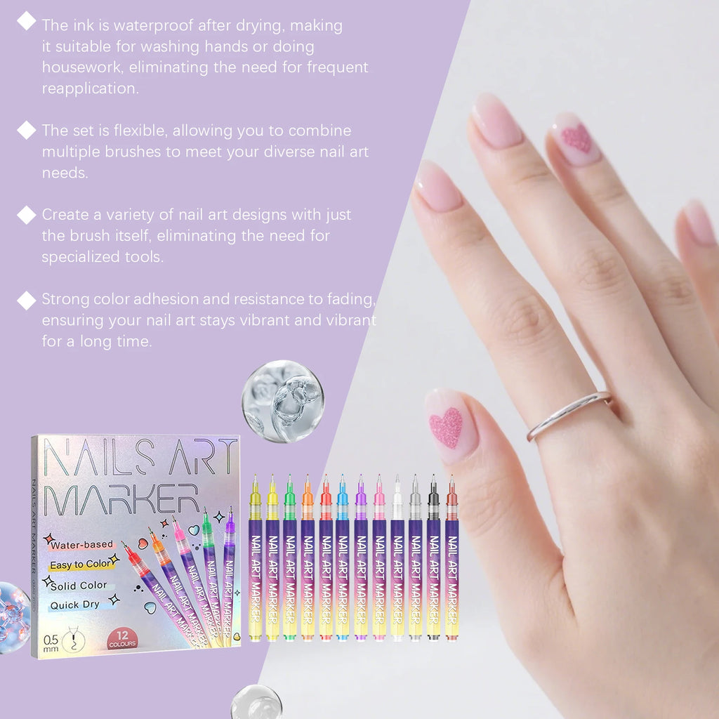 12-Color Nail Art Graffiti Pen Set – Waterproof Fine Tip Nail Art Markers Qst