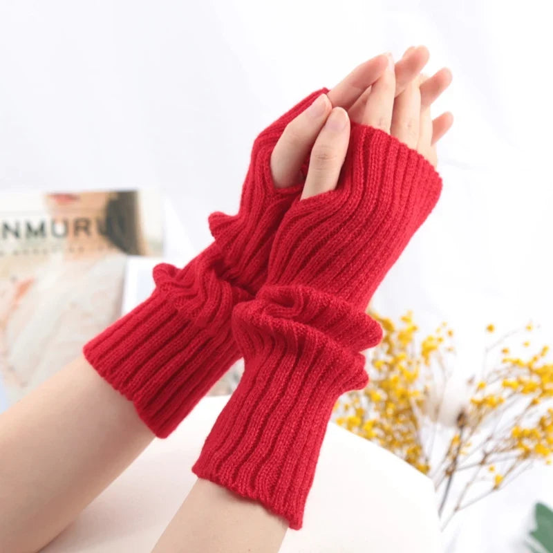 Women's Long Fingerless Gloves Winter Arm Warmers – 10 Colors Fingerless Arm Warmers Qme Red length 30cm