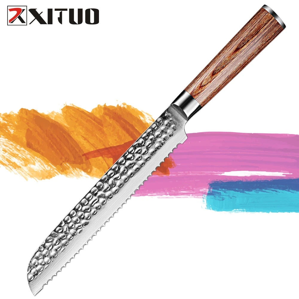 XITUO 8-Inch Damascus Steel Serrated Bread Knife | Wood Handle Bread Knife Qst
