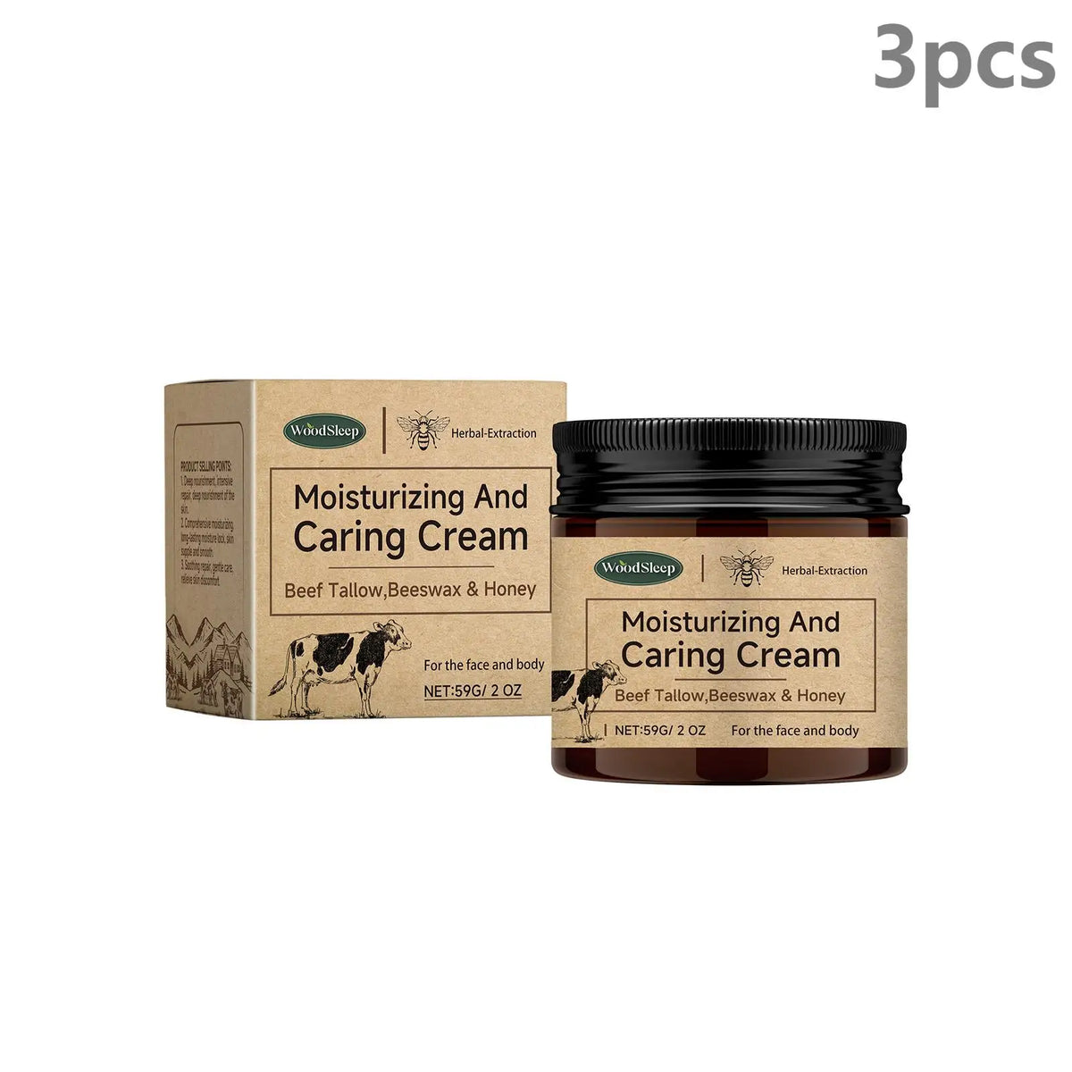Woodsleep Beef Tallow Honey Beeswax Deep Moisture Body Cream Body Moisturizer Cream Qst 3pcs