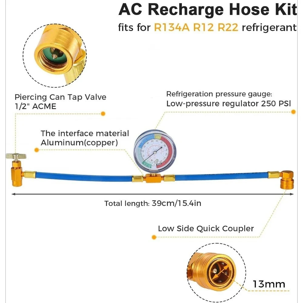 R134A Refrigerant Recharge Hose Kit with Gauge & Can Tap Refrigerant Recharge Kit Qme Default Title