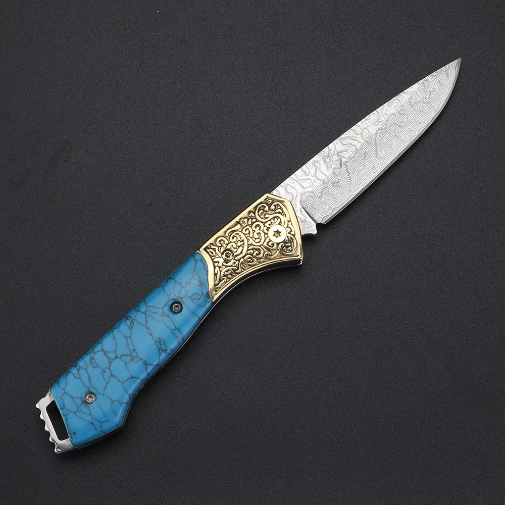 XUANFENG Damascus Folding Pocket Knife – Blue Pattern Steel Damascus Folding Knife Qst