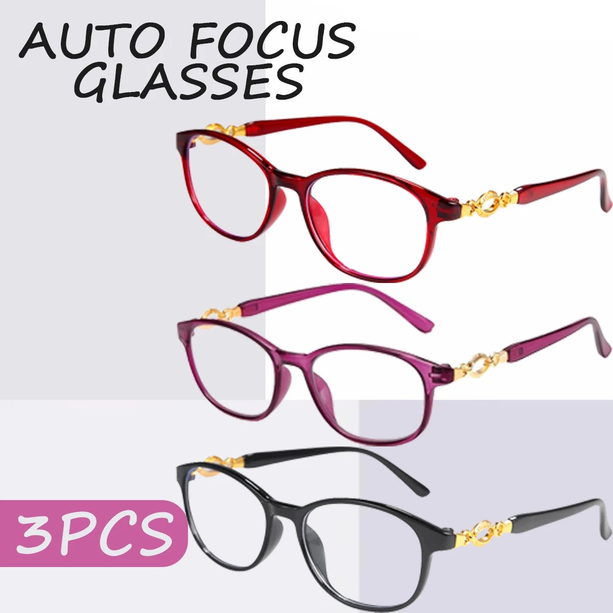 VOPHA 3-Pack Auto-Focus Reading Glasses – Unisex, Lightweight Reading Glasses Qst Red-Purple-Black