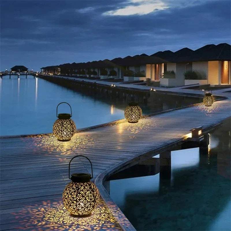 Solar LED Hanging Lantern – Hollow Wrought Iron Outdoor Light Solar Outdoor Lantern Qme