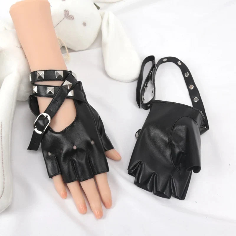 Women's Black Fingerless Gloves | Rivet Buckle Punk Style Fingerless Fashion Gloves Qme
