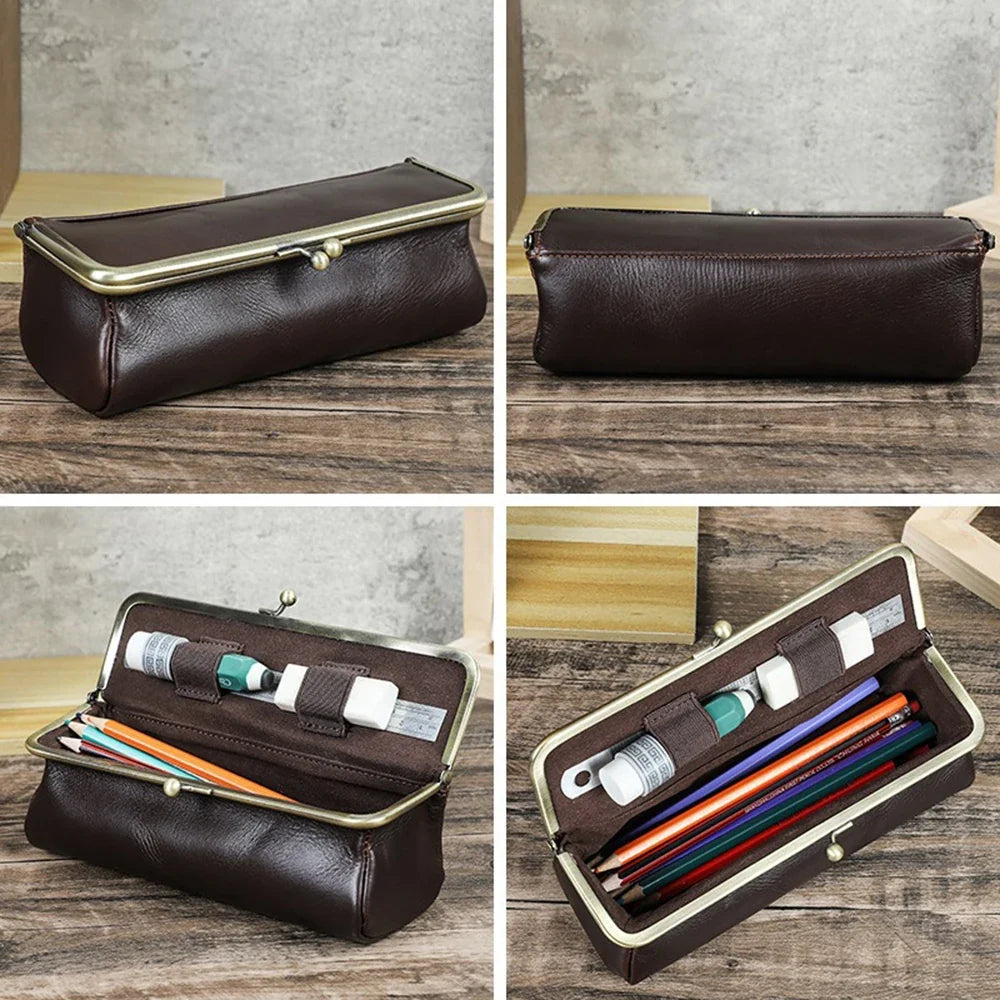 Handmade Vintage Leather Pencil Case | Retro Desk Storage Box Leather Pencil Case Qme