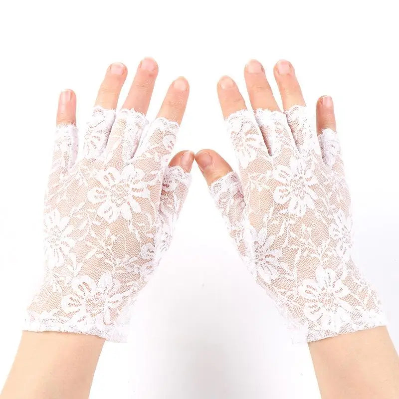 Women's Fingerless Lace Gloves – Breathable Fishnet Half Finger Fingerless Lace Gloves Qst White