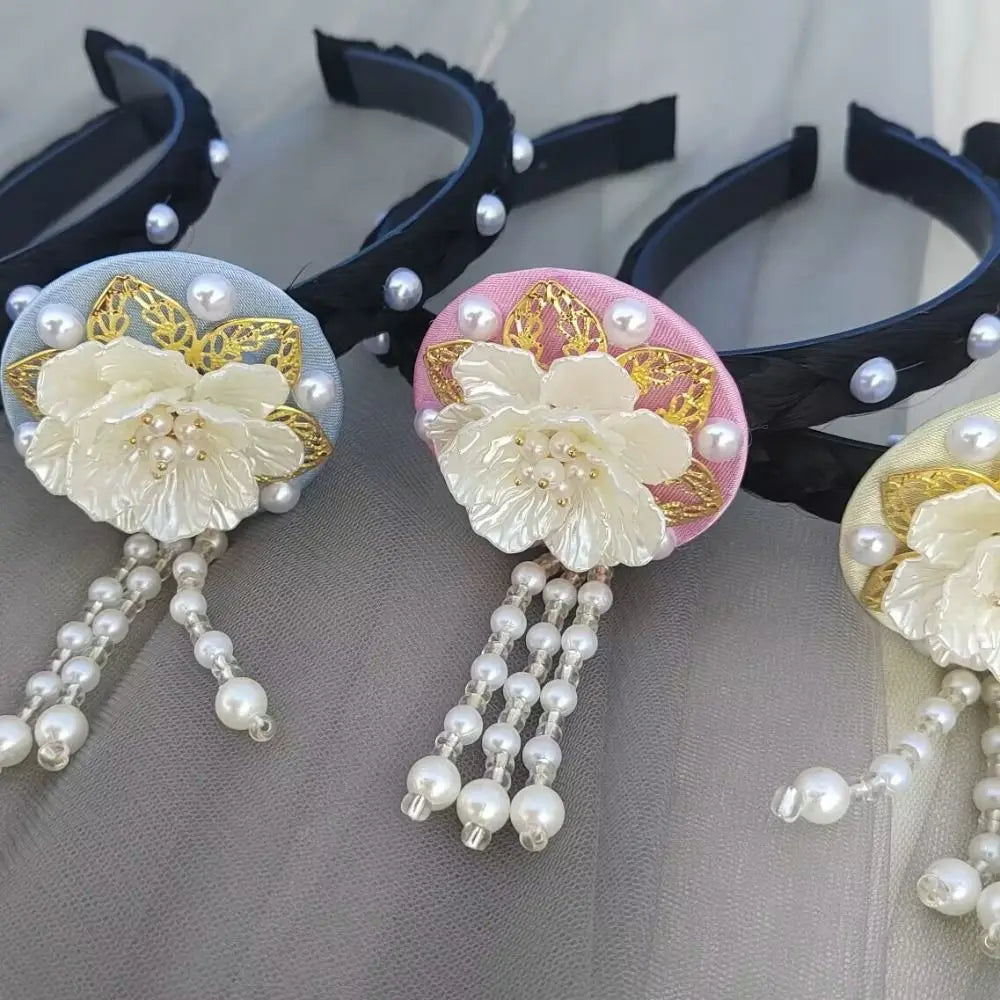 Korean Hanbok Flower Headband – Beaded Pearl Tassel Hairband Beaded Hair Headband Qme