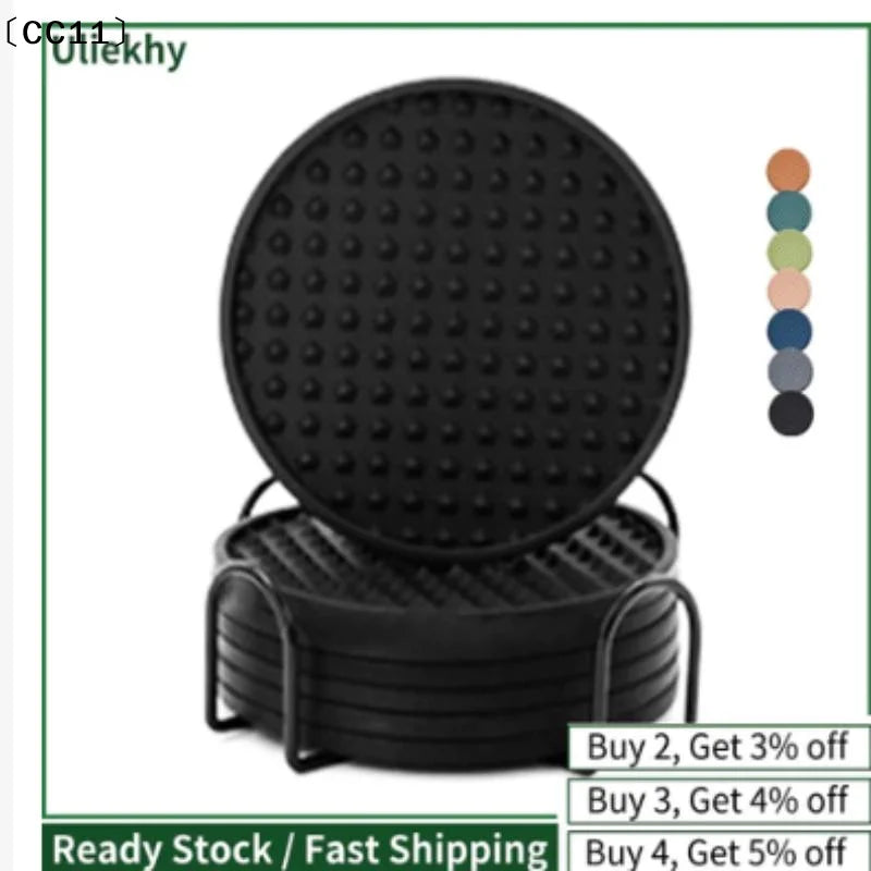 6 Silicone Drink Coasters with Metal Holder – Absorbent Set Drink Coaster Set Qme
