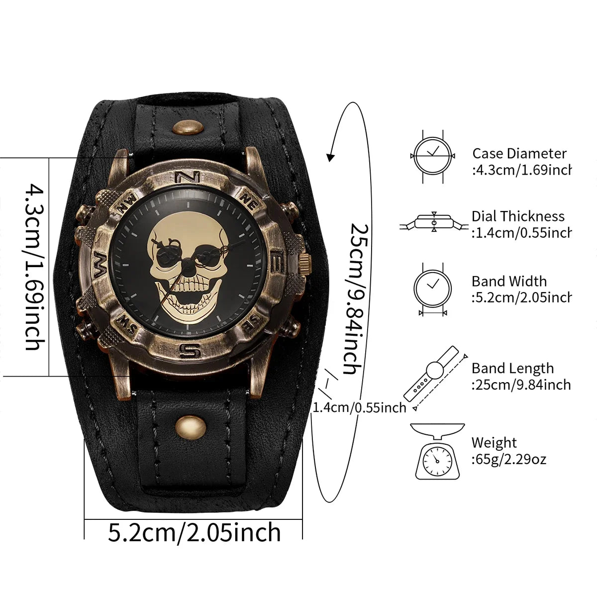 Vintage Skull Men's Watch – Brown Leather Strap Compass Bezel Men's Quartz Watch Qme