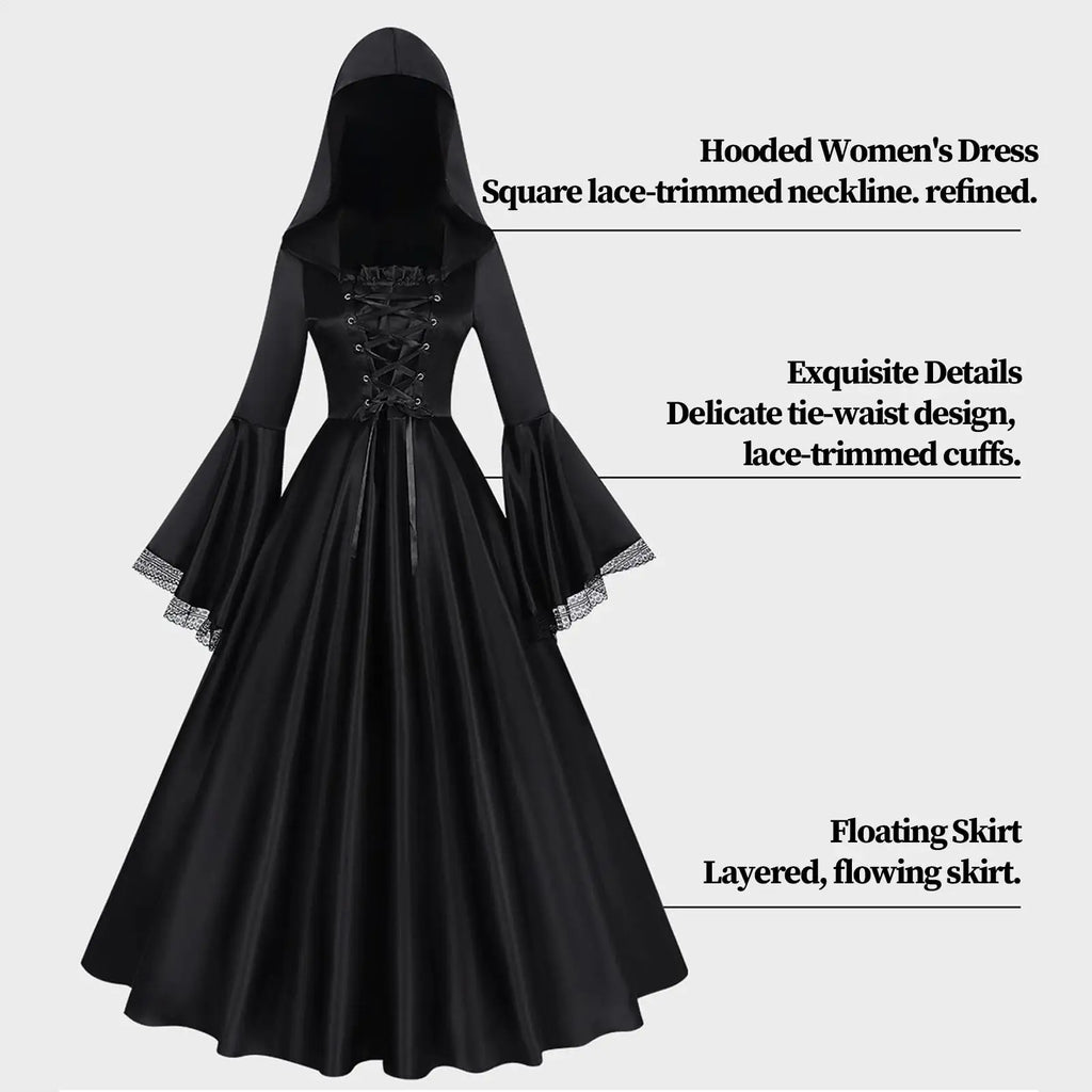 Witch Costume Black Gothic Dress with Hood | Halloween Outfit Halloween Costume Dress Qme