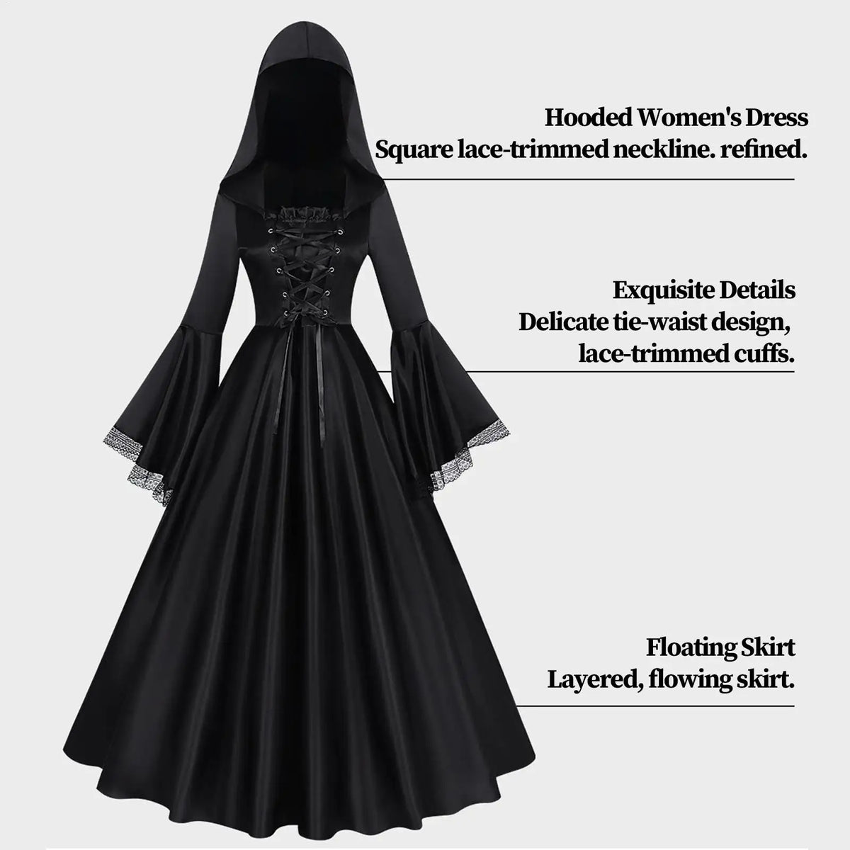 Witch Costume Black Gothic Dress with Hood | Halloween Outfit Halloween Costume Dress Qme