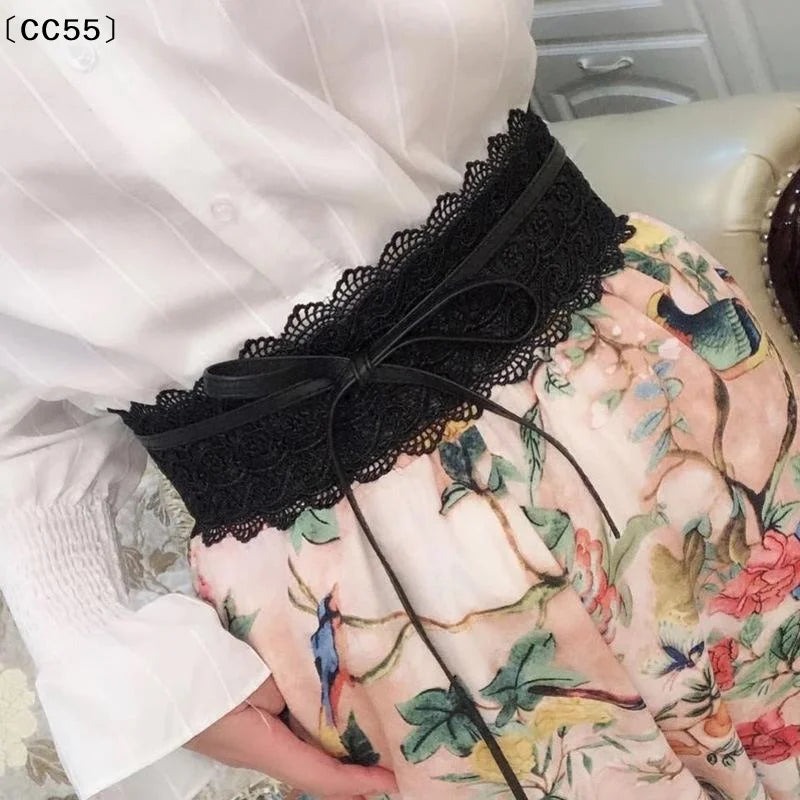 Vintage Boho Lace Bow Wide Waist Belt – Scalloped Edge Wide Waist Belt Qst