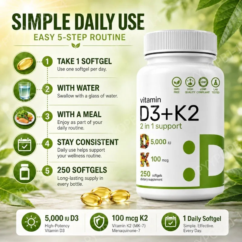 Vitamin D3+K2 Softgels 2-in-1 Non-GMO Complex – 250 Count Vitamin Supplement Qst