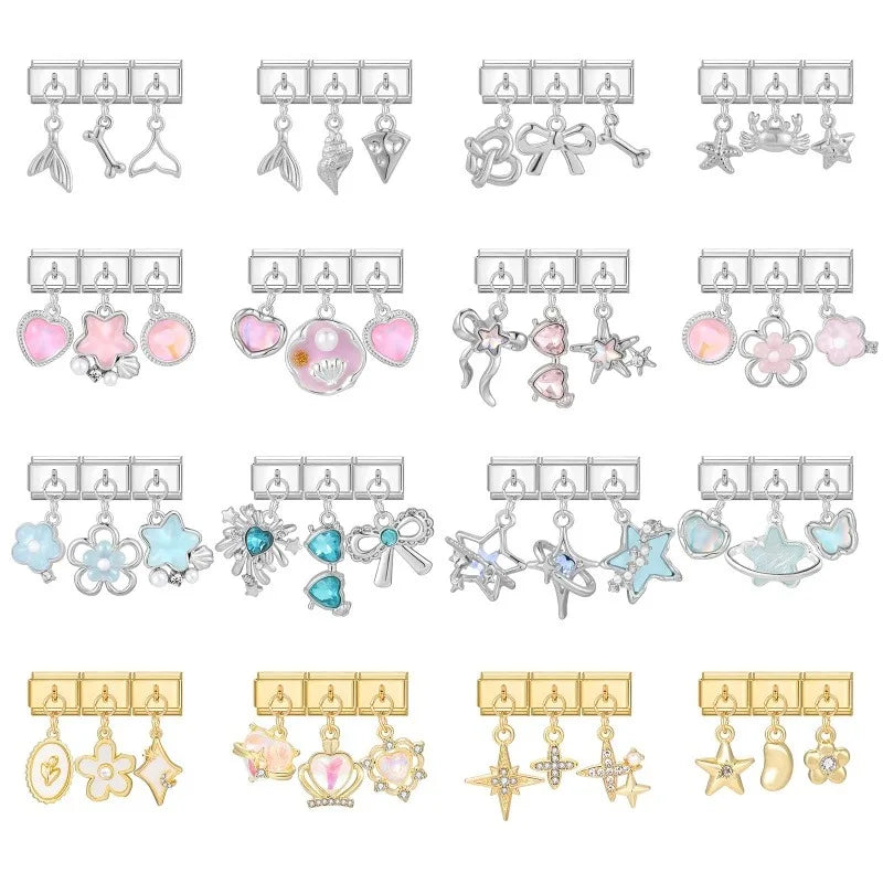 Zircon Stars & Bow Knot Italian Charm Links | 9mm DIY Jewelry Italian Charm Links Qme