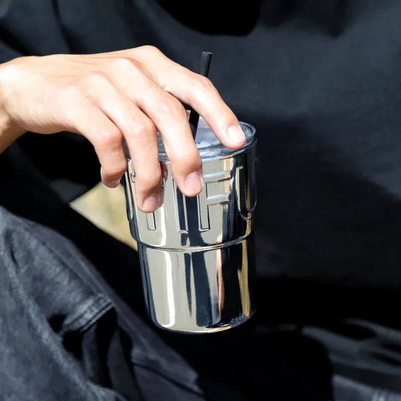 Mirrored Glass Coffee Cup with Lid & Straw – 420ml Glass Coffee Cup Qme