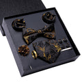 Hi-Tie Black Gold Floral Luxury Tie Set – Cufflinks & Handkerchief Luxury Necktie Set Qme N3774