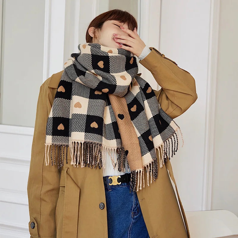 Women's Plaid Blanket Shawl Scarf – Thick Knit Winter Wrap Blanket Shawl Scarf Qst