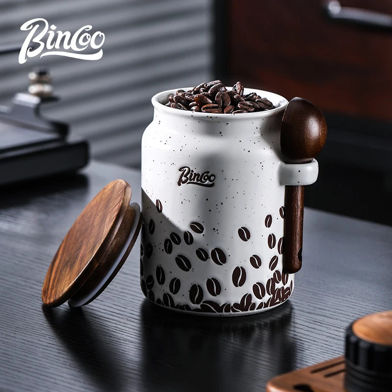 Bincoo 500ml Ceramic Coffee Canister – Airtight Wood Lid & Spoon Coffee Storage Canister Qst WHITE