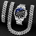 Hip Hop Iced Rhinestone Geneva Watch & Bracelet Set for Men Watch & Bracelet Set Qme Silver
