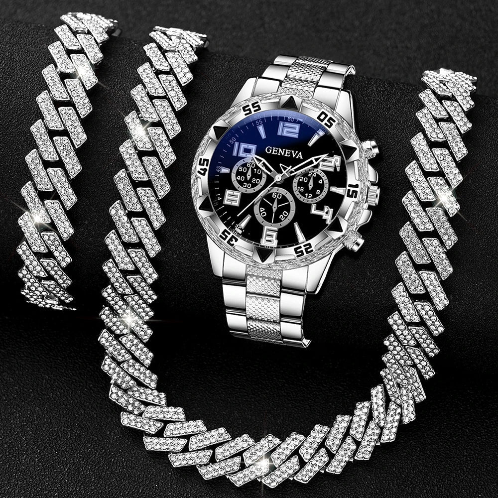 Hip Hop Iced Rhinestone Geneva Watch & Bracelet Set for Men Watch & Bracelet Set Qme Silver