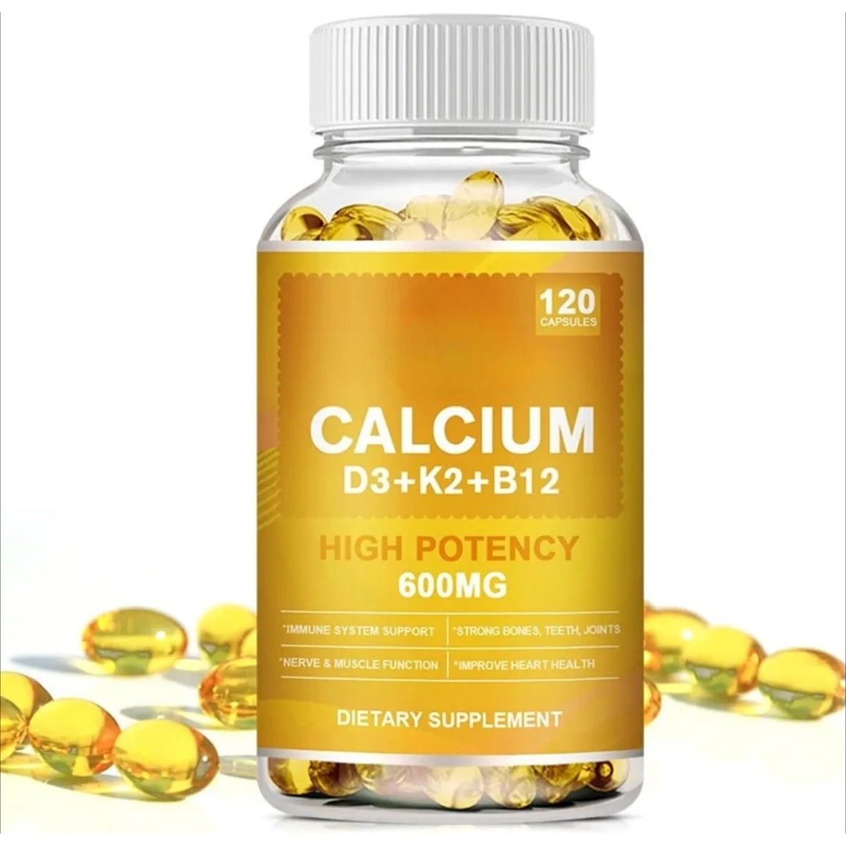 Calcium 600mg + D3 5000 IU + K2 + B12 Complex, 120 Softgels Vitamin Supplement Qst 1 bottle