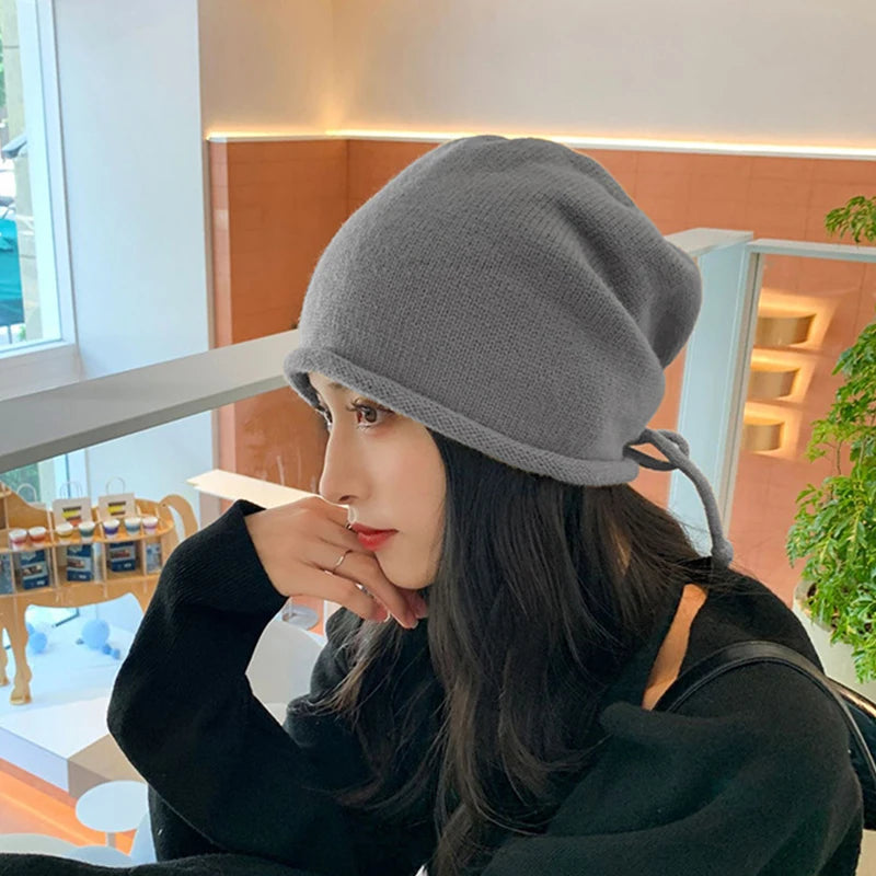 Women's Knitted Drawstring Beanie – Warm Pile Hat Curled Brim Knitted Winter Beanie Qst