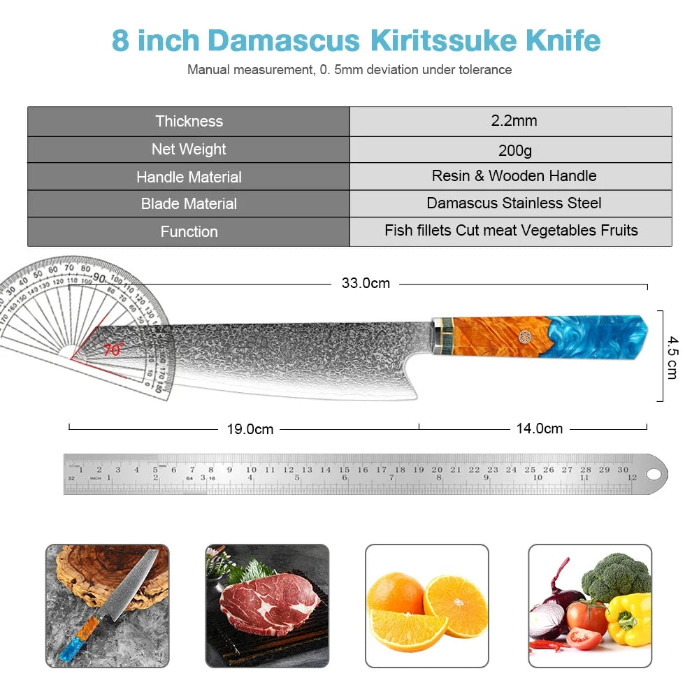 8" Kiritsuke Damascus Steel Chef Knife – Resin Wood Handle Damascus Chef Knife Qst