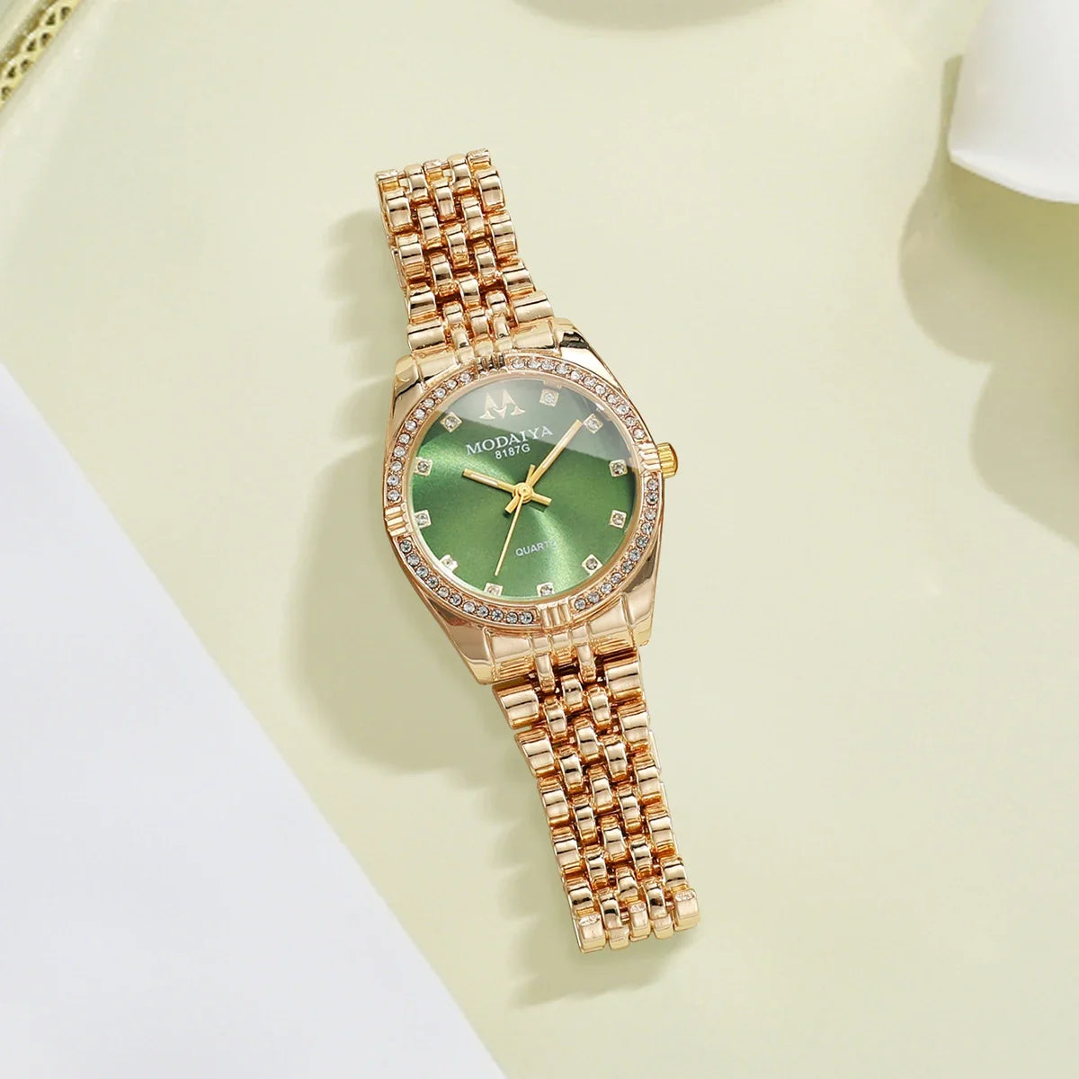 Women's Crystal Watch Rose Gold Tone Green Dial | Everyday Women's Fashion Watch Qme