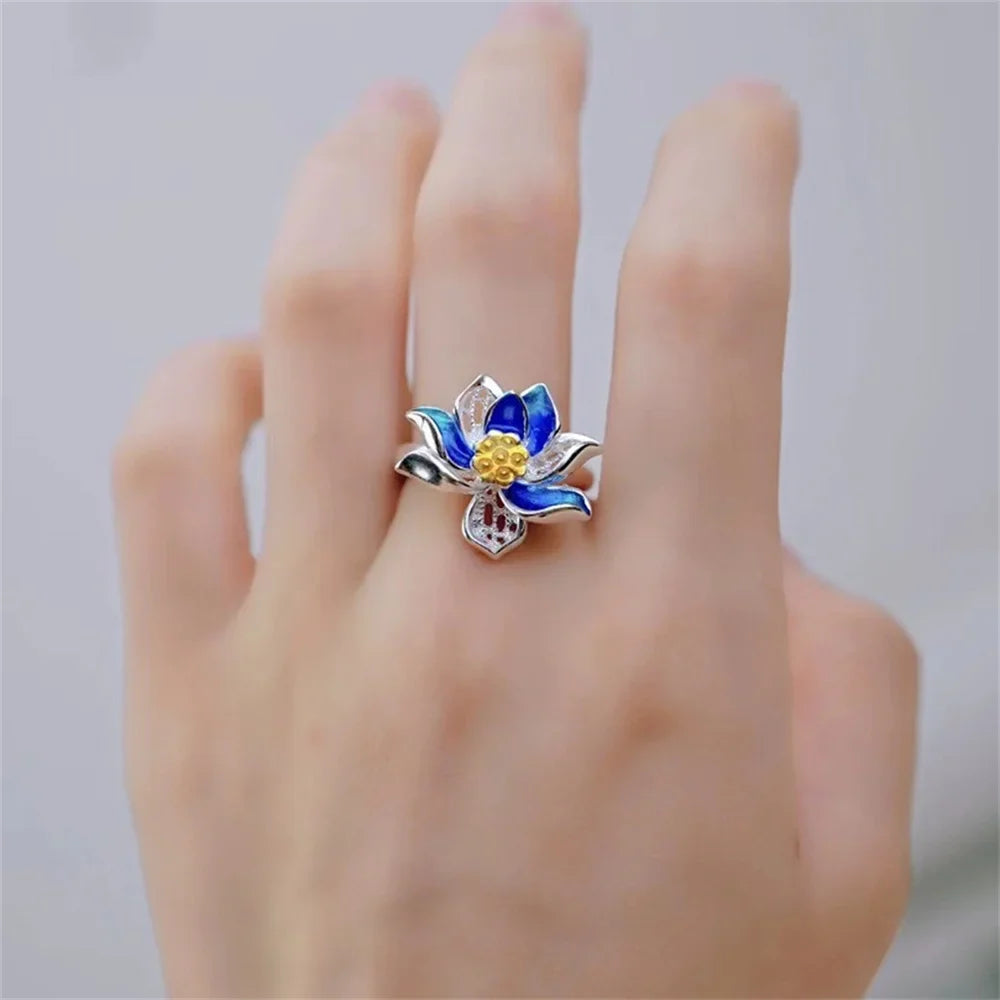 Retro Blue Enamel Lotus Ring – Adjustable Ethnic Minimalist Enamel Fashion Ring Qme