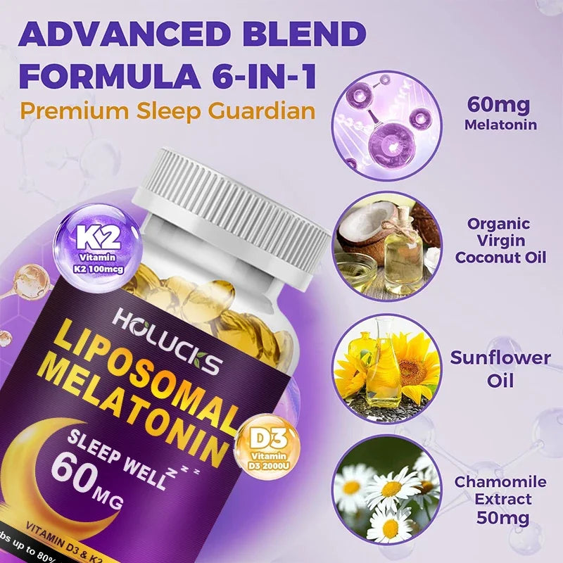 HOLUCKS Melatonin 60mg with D3 K2 Chamomile – 150 Softgels Sleep Supplement Qst