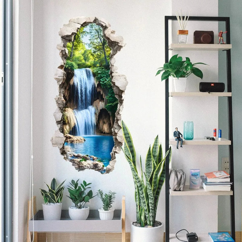 3D Waterfall Forest Wall Sticker – Peel & Stick Waterproof Decal Wall Decal Sticker Qme