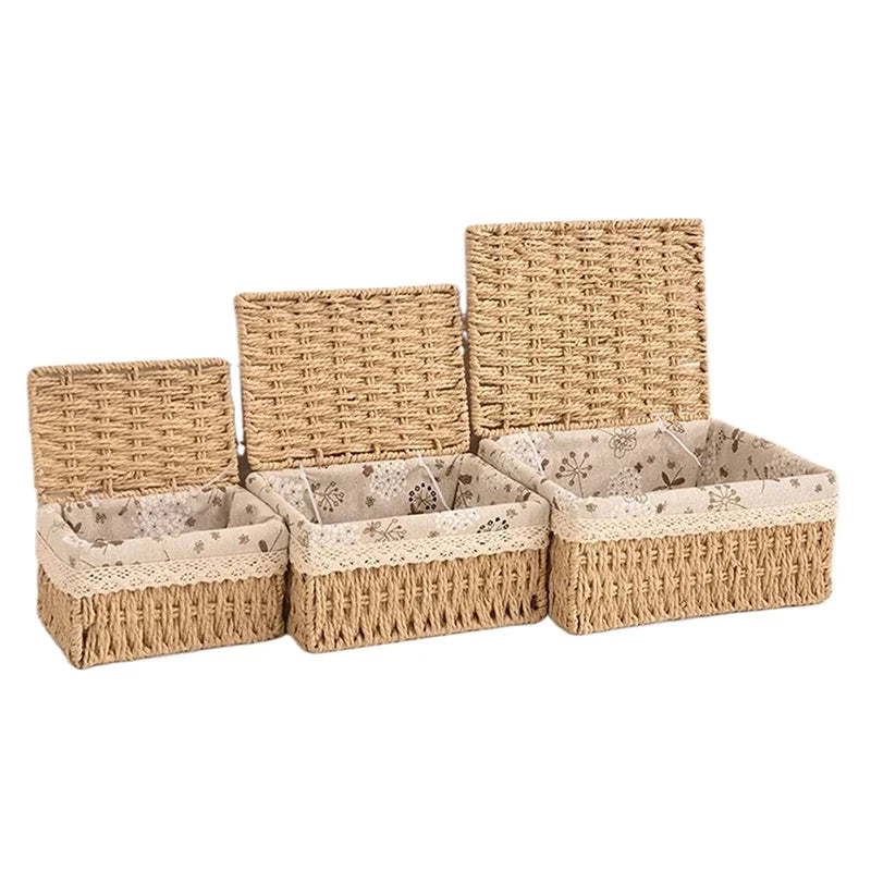 Desktop Cosmetic & Snack Storage Box | Rattan Woven Organizer Desktop Storage Organizer Qme