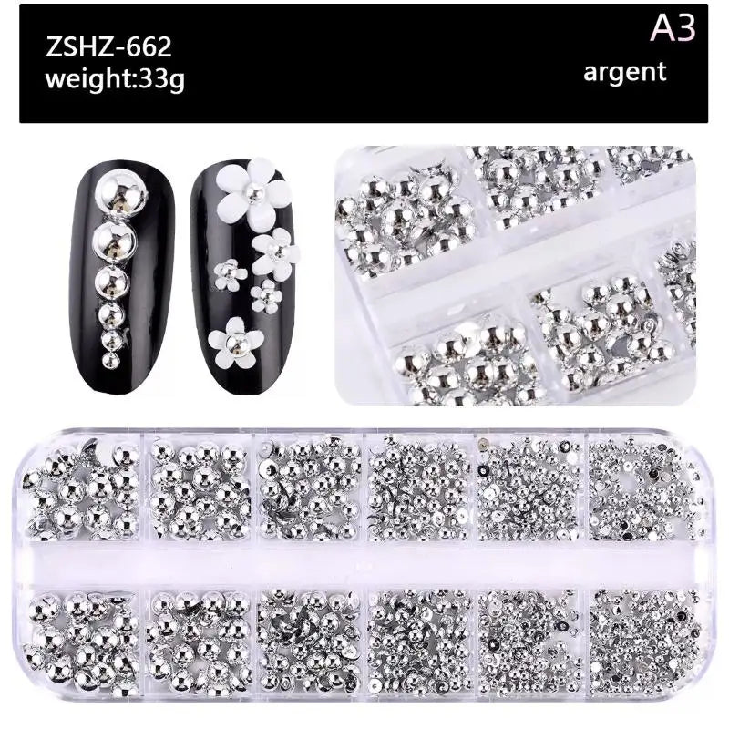 12-Grid Mixed Pearl Nail Charms – Gold & Silver Nail Decor Nail Art Charms Qme A3