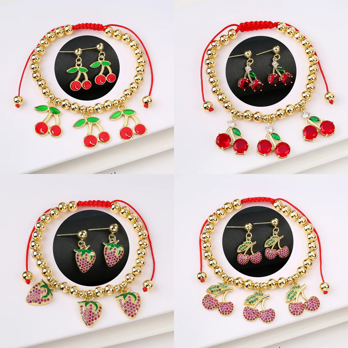Cherry Strawberry Cubic Zirconia Bracelet & Earring Set | 16 Colors Jewelry Set Qme