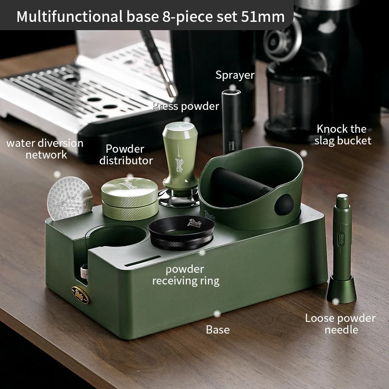 BINCOO 51/58mm Coffee Tamper Base Set & Knock Box Holder Coffee Tamper Set Qst Green 8pcs B-51mm