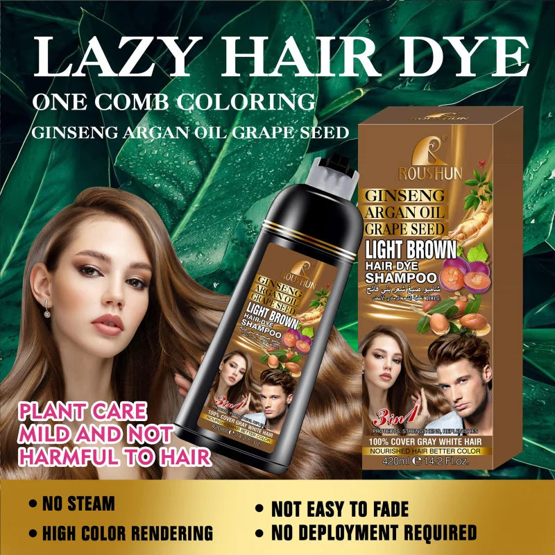 ROUSHUN 420ml Light Brown Hair Dye Shampoo – Ginseng & Ginger Hair Dye Shampoo Qst