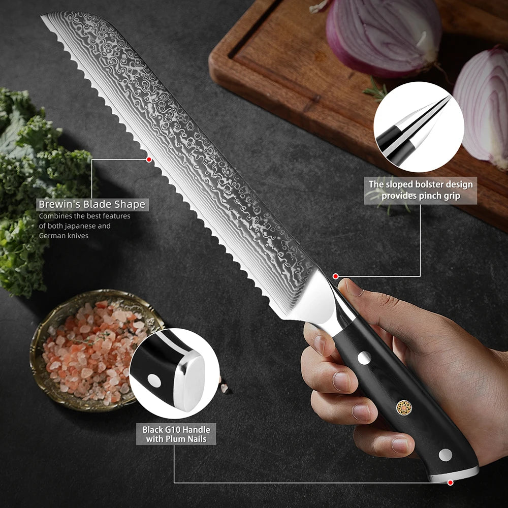 XITUO Damascus Serrated Bread Knife – VG10 Japanese Steel Serrated Bread Knife Qst