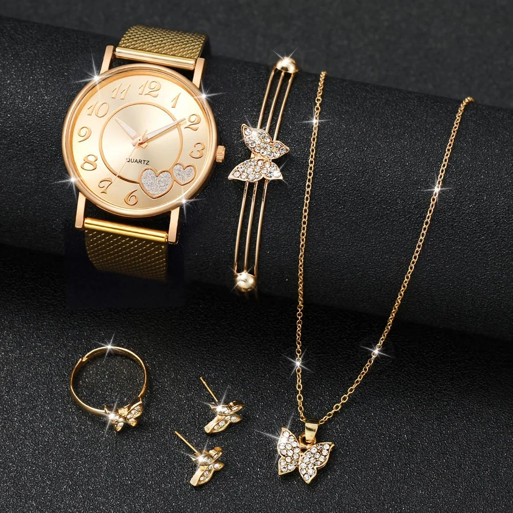 6-Piece Women's Heart Analog Watch & Butterfly Jewelry Set Fashion Watch Set Qme