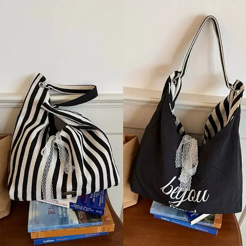 Women's Striped Reversible Hobo Tote Bag with Lace Bow Decor Reversible Hobo Tote Qme