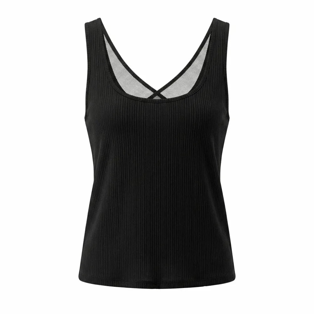 Women's Deep V Neck Mesh Crop Top – Sleeveless Beachwear Mesh Crop Top Qme